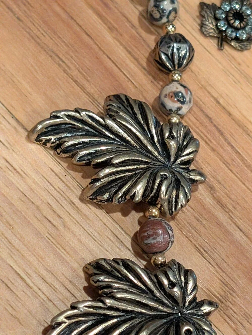 Leaf Pendant Bead Necklace and Earrings Set - Antiqued Gold and Jasper Stone